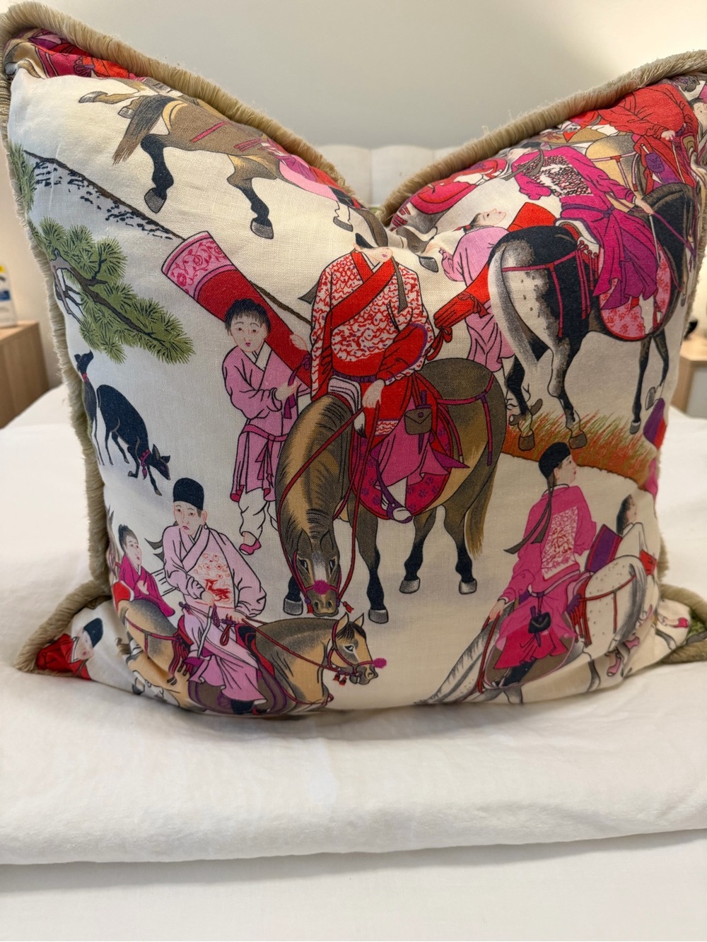Custom made Decorative Accent Pillow with Pink and Cream Equestrian Print